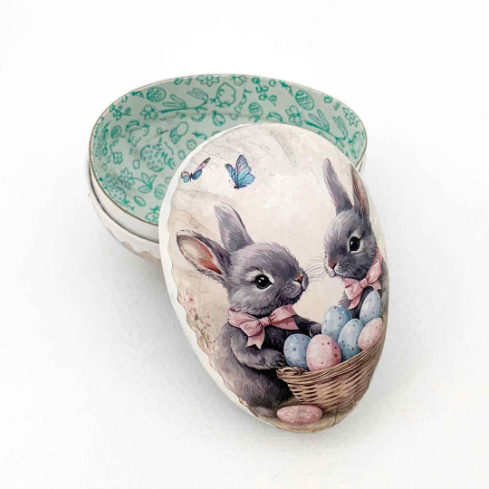 3-1/2" Grey Bunnies with Eggs Papier Mache Easter Egg Container ~ Germany
